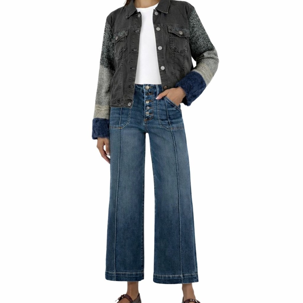 FDJ Knit Faux Fur Sleeve Denim Jacket‎ XL Black Sequin Blue Boho Eclectic Artsy